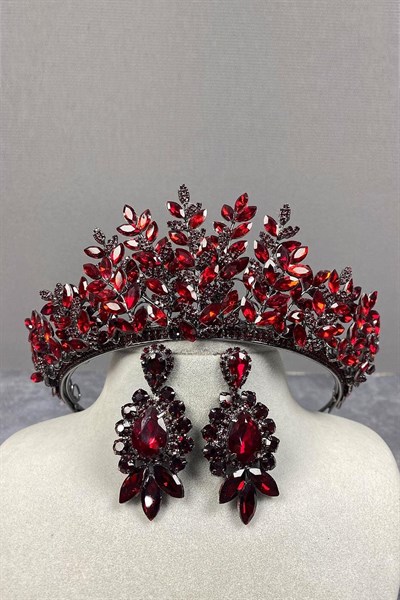 Bordo Sezen Model 3 Boyutlu Kına Gelin Tacı Ve Üç Taşlı Mekik Küpe Takımı