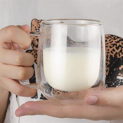 Borosilikat 2 Adet Çift Cidarlı Kupa Bardak, 250 Ml Kulplu Cam Çay Kahve Süt Kupa Borosilikat Bardak