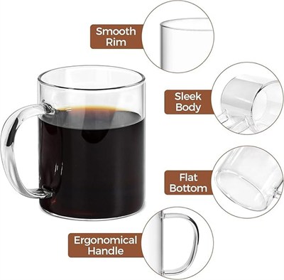 Borosilikat Cam 6lı Kupa Seti, Ergonomik Saplı, Düz Tabanlı, Pürüzsüz Kenarlı, İnce Tasarımlı, Sıcak İçecekler İçin, 200ml