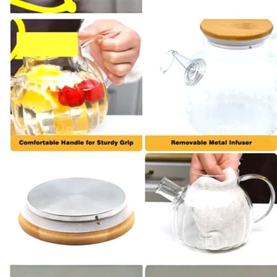 Borosilikat Cam Çaydanlık, 1000 ml, Isıya Dayanıklı, Modern Tasarım, Şeffaf