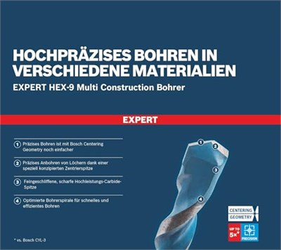 Bosch 1 x Expert HEX-9 Multi Construction Matkap (Beton için, Yumuşak Fayanslar, Ø 9,00 mm, Profesyonel Aksesuar, Darbeli Matkap/Tornavida, Matkap/Tornavida) - Seçenekler: Ø 6,5 mm, Ø 9 mm