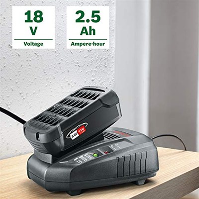 Bosch Home and Garden 18 Volt Akü ve AL 1830 CV Şarj Cihazı Başlangıç Seti, 2.5 Ah Akü, 300l/saat Debi, 0.365 kg