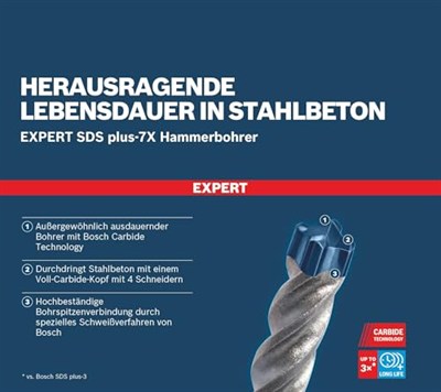 Bosch Professional 3 parça Expert SDS plus-7X Kırıcı Delici Delme Uçları (Yumuşak taş, Sert taş, Beton, Donatılı beton, Beton bina bloku, Ø 6-10 mm, Aksesuar Kırıcı Delici)