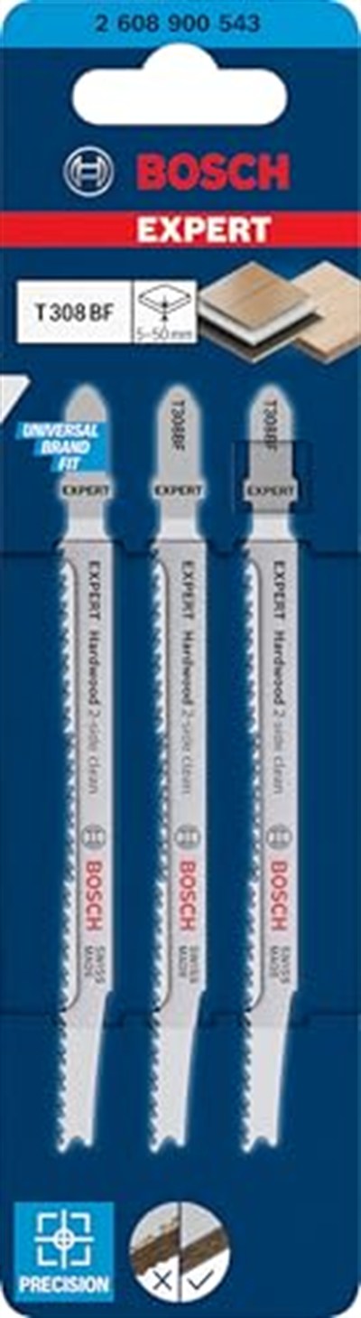 Bosch Professional 3x EXPERT ‘Hardwood 2-side clean’ T 308 BF Dekupaj Testere Bıçakları (Plastik kaplı levhalar, Multipleks levha, Uzunluk 117 mm, Aksesuar Dekupaj Testeresi)