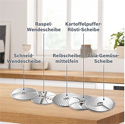 Bosch VeggieLove MUZ5VL1 aksesuar seti, 5 dilim içeren sürekli şnitzler (kesme tornalama diski, törpüleme diski, orta ince rende diski, Asya sebzeleri ve rösti için), çok renkli