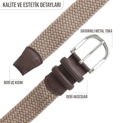 BOYD Rahat ve Şık Örgü Erkek Kemeri, Uniseks Kullanıma Uygun Kemer, Hakiki Deri Aksesuarlı Elastik Erkek Kemer, 3.5 cm Genişlik