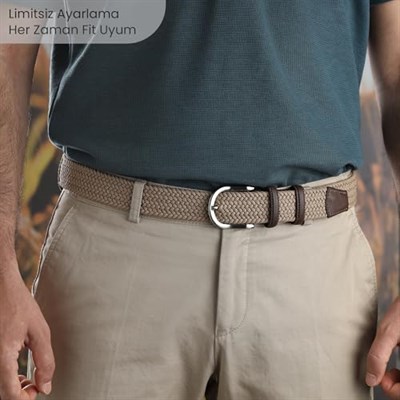BOYD Rahat ve Şık Örgü Erkek Kemeri, Uniseks Kullanıma Uygun Kemer, Hakiki Deri Aksesuarlı Elastik Erkek Kemer, 3.5 cm Genişlik