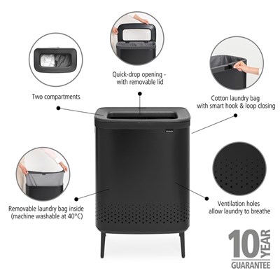 Brabantia Bo Matt Black Plastik Kapaklı Çamaşır Sepeti 2x45 L