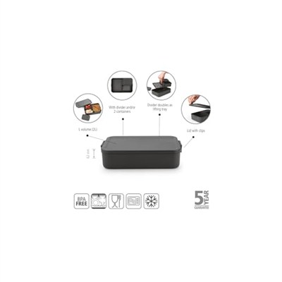 Brabantia Plastik Make & Take Öğle Yemeği Kutusu Bento (2L) Klipsli Gıda Ayırma Kapağı için Çıkarılabilir Bölmeler - Koyu Gri - 25,5 x 16,7 x 6,2 cm