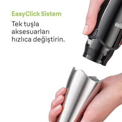 Braun MultiQuick 7 MQ 7075X el blenderi, ActiveBlade teknolojisine sahip çıkarılabilir paslanmaz çelik blender ayağına sahip el blenderi, 3 parçalı aksesuar seti dahil, 1000 watt, siyah