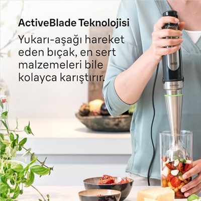 Braun MultiQuick 7 MQ 7075X el blenderi, ActiveBlade teknolojisine sahip çıkarılabilir paslanmaz çelik blender ayağına sahip el blenderi, 3 parçalı aksesuar seti dahil, 1000 watt, siyah