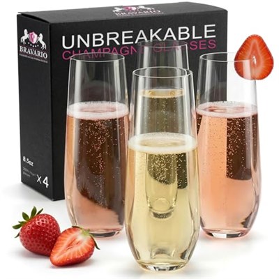 Bravario Kırılmaz Sapsız Plastik Şampanya Kadehleri | Kırılmaz%100 Tritan Plastik Bardaklar | Tekrar Kullanılabilir | BPA içermez | 240 ml, 4lü Set