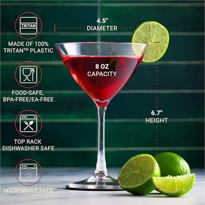 Bravario Plastik Martini Bardakları, Kırılmaz Üstün Kaliteli İçecek Takımı, Tritan Yeniden Kullanılabilir Coupe Cam Eşyaları, BPA İçermeyen Bulaşık Makinesinde Yıkanabilir Bardaklar, 8 oz 4lü Set