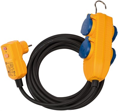 Brennenstuhl 1168720010 Schutzadapterleitung 5 m H07RN-F3G1,5 Fi-fiş ve PowerBlock, siyah, mavi, turuncu | Dış mekan için 4 kat uzatma IP54, kişisel koruma şalterli