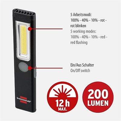 Brennenstuhl Brennenstuuhl Şarjlı LED Ultra Ince 12 Saat Aydınlatma Süreli 200 Lümen Mıknatıslı Outdoor El Feneri