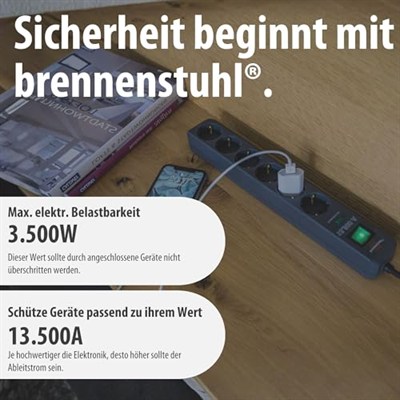 Brennenstuhl Eco-Line çoklu priz, yüksek gerilim korumalı, Gri, 1159700015