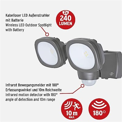 Brennenstuhl Pilli LED Spot Lamba LUFOS / Kablosuz LED Dış Mekan Spotu Pilli ve Hareket Sensörlü, 8 Adet LED Lamba, 2 x 240 Lümen, Dış Mekan için - Seçenekler: 2x 240 Lumen, 440 Lumen