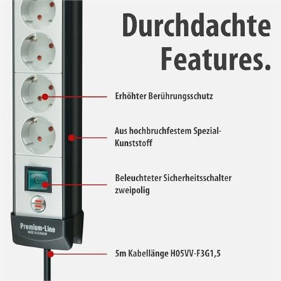 Brennenstuhl Premium Line Serisi 8 Soketli 5 Metre Uzatma Kablosu Siyah Gri