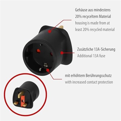 Brennenstuhl Seyahat Fişi/Seyahat Adaptörü (İngiltere Prizi ve Avrupa Fiş için Seyahat Prizi Adaptörü) Renk: Siyah