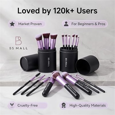 BS-MALL Makyaj Fırçaları Premium Sentetik Fondöten Pudra Kapatıcı Göz Farı 14 Adet Mor