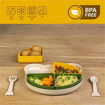 Buddy Mama Tabağı Seti, 1 Ayıcık Tabak 4 Kase Çatal-Kaşık, Bebek ve Çocuklar İçin Yemek Takımı, BPA İçermez, Bej Sarı Yeşil