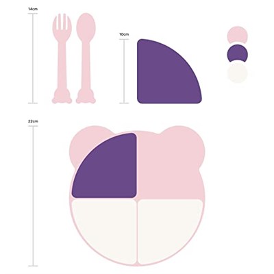 Buddy Mama Tabağı Seti, 1 Ayıcık Tabak 4 Kase Çatal-Kaşık, Bebek ve Çocuklar İçin Yemek Takımı, BPA İçermez, Pembe Mor Bej