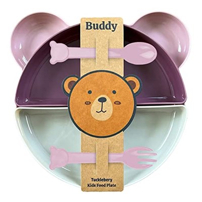 Buddy Mama Tabağı Seti, 1 Ayıcık Tabak 4 Kase Çatal-Kaşık, Bebek ve Çocuklar İçin Yemek Takımı, BPA İçermez, Pembe Mor Bej