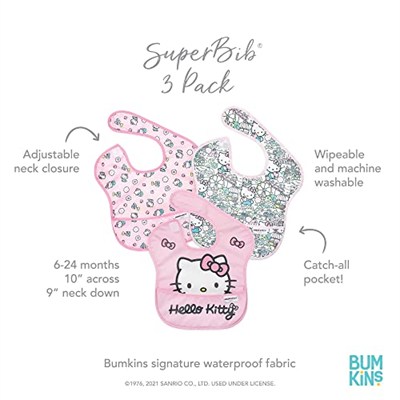 Bumkins Kız veya Erkek Çocuk Önlükleri, SuperBib Bebek ve Küçük Çocuk 6-24 Ay, Yemek, Besleme, Bebek Led Sütten Kesme Malzemeleri, Karışıklık Tasarruflu Yakalama Yiyecek, Kumaş 3lü Hello Kitty