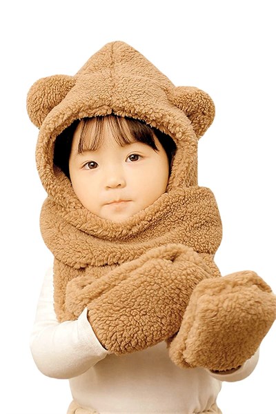 Bundera Babykid Çocuk Kapşonlu Peluş Bere Atkı Eldiven Welsoft Boyunluk Rüzgar Geçirmez Kulaklı Şapka - Seçenekler: 3-6 Yıl, 7-10 Yıl, Tek Beden