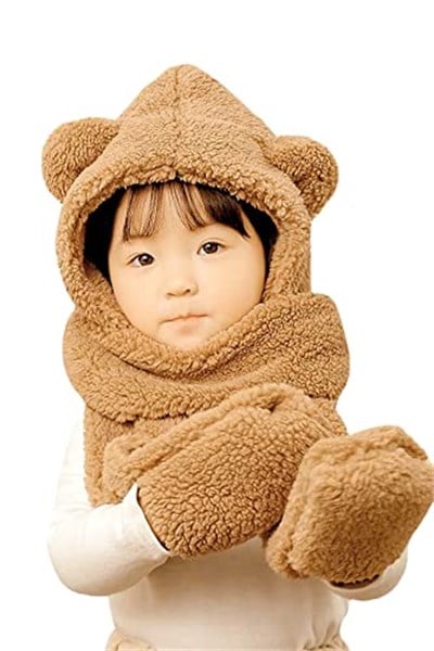 Bundera Babykid Çocuk Kapşonlu Peluş Bere Atkı Eldiven Welsoft Boyunluk Rüzgar Geçirmez Kulaklı Şapka - Seçenekler: 3-6 Yıl, 7-10 Yıl, Tek Beden