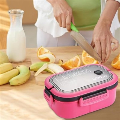 Busstier 1200 ml 2 Katlı 6 Bölmeli BPAsız PP Plastik Sefer Tası ve Beslenme Çantası - Hava Kilitli Bento Lunch Box, Çatal ve Kaşık Dahil (Pembe)