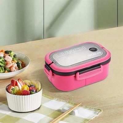 Busstier 1200 ml 2 Katlı 6 Bölmeli BPAsız PP Plastik Sefer Tası ve Beslenme Çantası - Hava Kilitli Bento Lunch Box, Çatal ve Kaşık Dahil (Pembe)