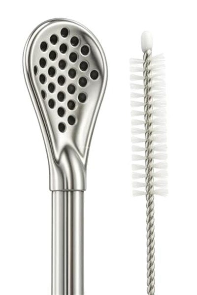 Busstier Süzgeç Uçlu Metal Pipet Seti, Filtreli Kaşık Pipet, Temizleme Fırçası Dahil, Kokteyl Sunum Bitki Çayı ve Yerba Mate (Bombilla) için Tekrar Kullanılabilir Şık Tasarım