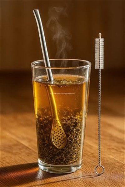 Busstier Süzgeç Uçlu Metal Pipet Seti, Filtreli Kaşık Pipet, Temizleme Fırçası Dahil, Kokteyl Sunum Bitki Çayı ve Yerba Mate (Bombilla) için Tekrar Kullanılabilir Şık Tasarım