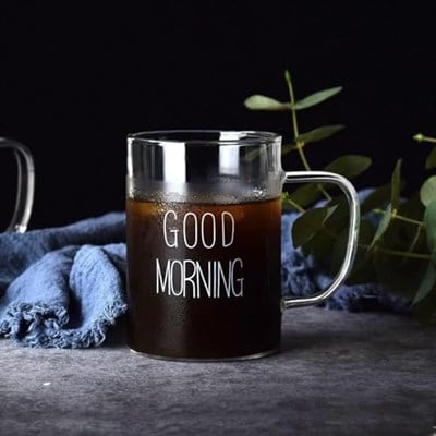 Büyük Boy Good Morning Cam Kupa Kulplu Bardak Borosilikat Isıya Dayanıklı Cam Kupa 450 ml