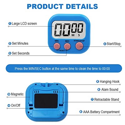 Büyük LCD Ekran Dijital Pişirme Zamanlayıcı Mutfak Zamanlayıcı Geri Sayım ve Kronometre ile. Yemek pişirme, Fitness, Çocuk Çalışması İçin Büyük Bip Sesli Alarm (MAVİ)