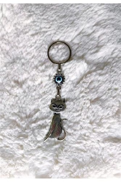 Büyülü Kedi Nazar Boncuklu Metal Anahtarlık Hediyelik Süs Eşyası Araba Çanta Aksesuarı 13cmx3cm