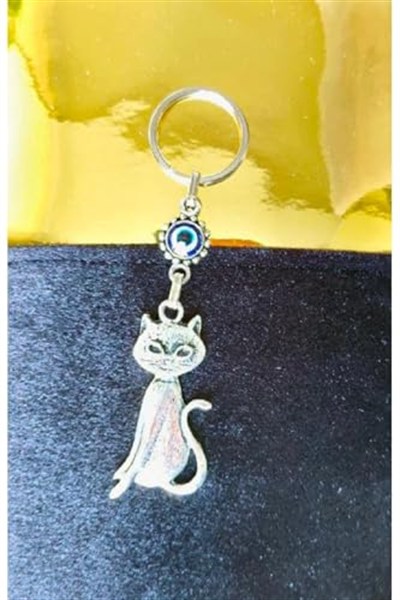 Büyülü Kedi Nazar Boncuklu Metal Anahtarlık Hediyelik Süs Eşyası Araba Çanta Aksesuarı 13cmx3cm