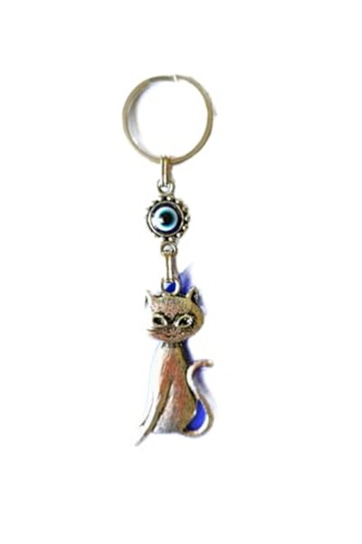 Büyülü Kedi Nazar Boncuklu Metal Anahtarlık Hediyelik Süs Eşyası Araba Çanta Aksesuarı 13cmx3cm