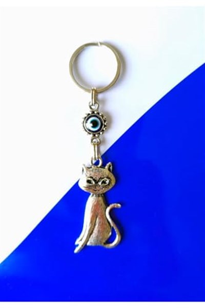 Büyülü Kedi Nazar Boncuklu Metal Anahtarlık Hediyelik Süs Eşyası Araba Çanta Aksesuarı 13cmx3cm