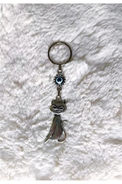 Büyülü Kedi Nazar Boncuklu Metal Anahtarlık Hediyelik Süs Eşyası Araba Çanta Aksesuarı 13cmx3cm