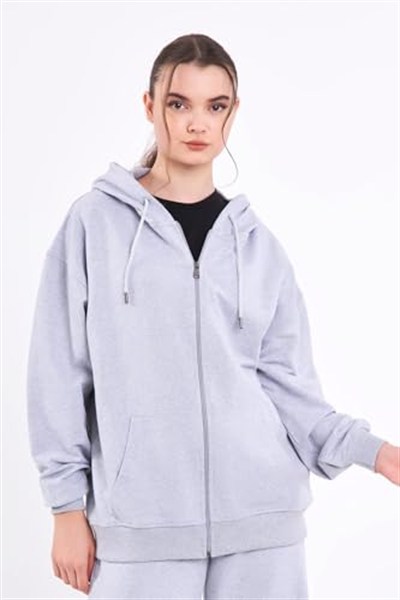 BY COMEOR Kadın Gri Normal Kalıp Basic Beli Lastikli Kapüşonlu Oversize Mevsimlik Alt Üst Eşofman Takımı CMRE7367