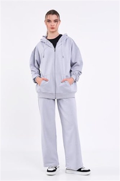 BY COMEOR Kadın Gri Normal Kalıp Basic Beli Lastikli Kapüşonlu Oversize Mevsimlik Alt Üst Eşofman Takımı CMRE7367