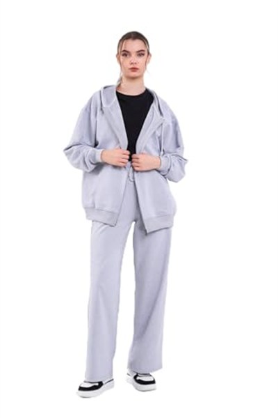 BY COMEOR Kadın Gri Normal Kalıp Basic Beli Lastikli Kapüşonlu Oversize Mevsimlik Alt Üst Eşofman Takımı CMRE7367
