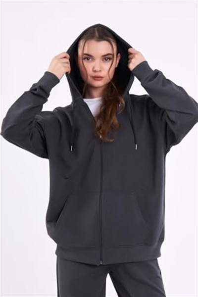 BY COMEOR Kadın Normal Kalıp Basic Beli Lastikli Kapüşonlu Oversize Mevsimlik Alt Üst Eşofman Takımı