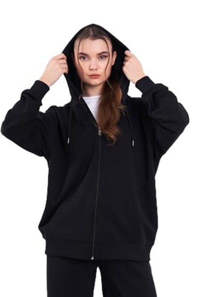 BY COMEOR Siyah Kanguru Cepli Kapüşonlu Fermuarlı Oversize Kadın Sweatshirt Siyah XL XL