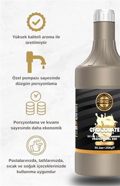 By Tüfekçi Beyaz Çikolata (White Chocolate) Profesyonel Bar Sos, Çikolata Sos Yüksek Kakao Oranı Yoğun Kıvam (82.2 oz) 2500 Gr Pompa Hediyeli (Beyaz Çikolata)