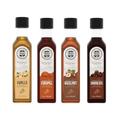 By Tüfekçi Gourmet Serias Şekersiz 0 Kalori 0 Şeker Aromalı Kahve Pasta Tatlı ve Kokteyl Şurubu (4 X 60 ml, 4lü Çok Satan Dene Seti)