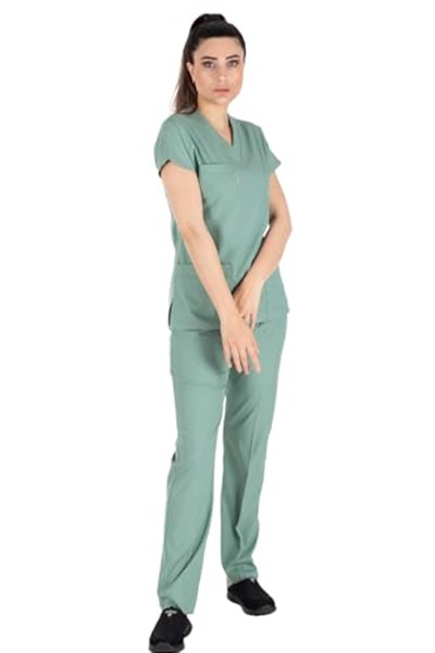 Çağla Yeşili Likralı Ince Scrubs Doktor Hemşire Forması Yarasa Kol Cerrahi Takım