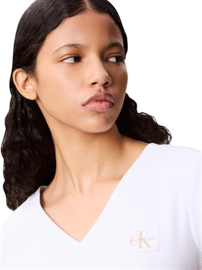 Calvin Klein A- SS WOVEN LABEL RIB VNECK TEE Tişört Kadın